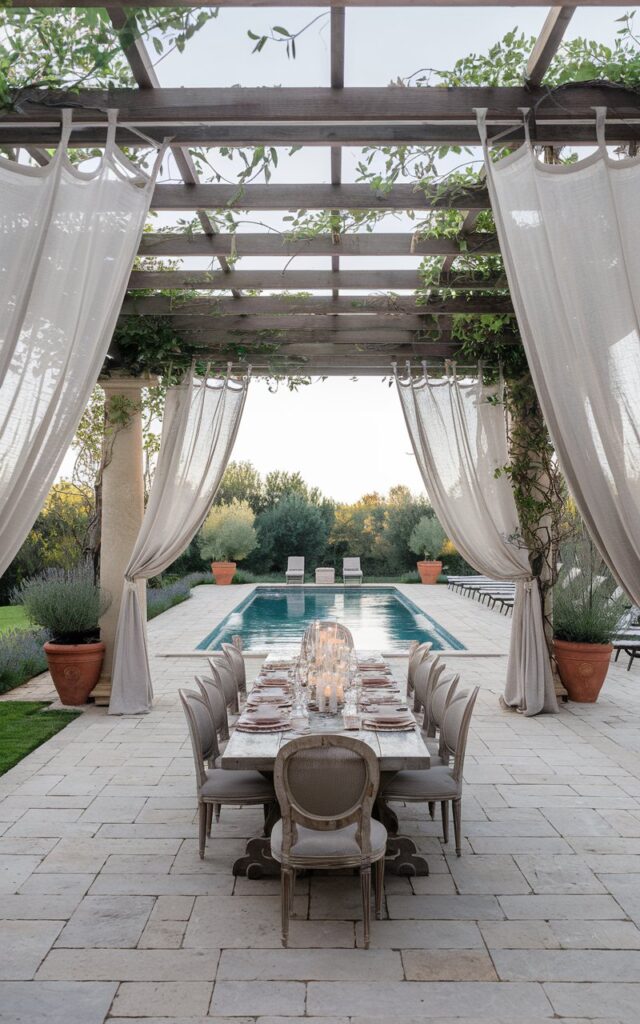 A photo of a luxurious European-style backyard with a classic pergola built over a stone-tiled patio. The pergola is made of aged wood, draped with flowing white linen curtains, and climbing vines. Beneath it, a long rustic dining table with vintage chairs is set for an alfresco meal, complete with candles and ceramic dinnerware. Just beyond the patio lies a rectangular swimming pool with stone coping and lounge chairs along one side. Terracotta pots with olive trees and lavender flank the area. The atmosphere is elegant, sun-drenched, and reminiscent of a Tuscan or Provençal retreat.