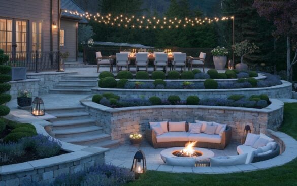 A photo of a luxurious cottagecore countryside backyard at night. The backyard is fully furnished and seamlessly attached to the house. The layered landscaping features multiple levels connected by stone steps, with lush evergreen shrubs, perennials, lavenders, and manicured topiary adding texture and depth. There are a few plants in pots. The upper patio hosts an elegant dining area with a long wooden table, upholstered chairs, and a centerpiece of candles, softly glowing under a canopy of string lights. A few steps down, a sunken lounge with 2-3 plush outdoor sofas and throw blankets around a firepit. Wrought-iron railings, natural stone walls, and warm timber accents blend rustic charm with refined elegance, while the glow from lanterns and the soft mountain air complete the inviting, magical nighttime ambiance.