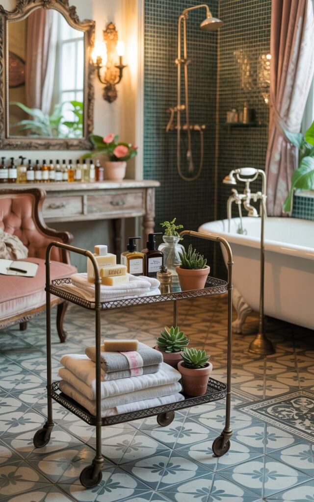 A photograph of a maximalist bathroom centered around a slim, antique brass rolling trolley filled with neatly folded linen towels, artisanal soaps, and small terracotta potted succulents. The trolley sits on a patterned ceramic tile floor beside a vintage vanity adorned with a baroque-style mirror and an array of perfume bottles, with a plush velvet chaise lounge partially visible in the background. A mosaic-tiled shower area and a clawfoot bathtub with a freestanding faucet add to the eclectic aesthetic, bathed in the warm glow of a vintage chandelier. Soft, diffused natural light streams through a window, highlighting the layers of textures and patterns.