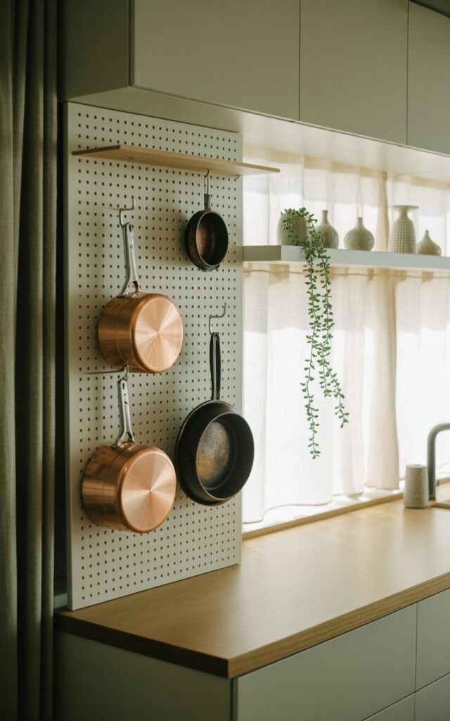 A photograph of a meticulously organized pegboard in a modern Japandi kitchen, showcasing a minimalist aesthetic. Two copper pots with burnished finishes and two well-seasoned cast iron pans hang neatly from sleek black hooks on the vertical pegboard, positioned beside a light oak vanity. Soft, diffused natural light streams through linen curtains, illuminating the pale grey cabinetry and open shelves displaying a collection of small, textured ceramic vases and a trailing string of pearls succulent, all conveying a sense of calm and deliberate simplicity. The scene is bathed in a warm, gentle glow that accentuates the clean lines and quiet elegance of the Japandi design.