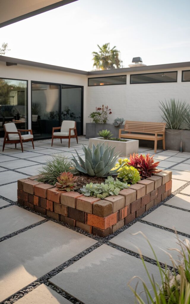 A photo of a mid-century modern backyard with clean lines, a geometric layout, and minimalist landscaping. A raised flower bed is the focal point, bordered with weathered reclaimed bricks arranged in a structured, rectangular shape. The bed is filled with sculptural plants like agave, ornamental grasses, and colorful succulents. A teakwood bench sits nearby, paired with a sleek concrete planter and retro-style outdoor chairs. The patio features large pavers with gravel joints, and the background includes a low-slung modern home with floor-to-ceiling windows. The scene is bathed in soft afternoon light, exuding a relaxed yet sophisticated vibe.