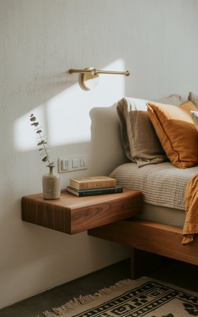 A photograph of a serene mid-century modern bedroom centered around a floating bedside table. The table, crafted from walnut wood, is mounted on a textured white wall beside a low platform bed dressed in linen bedding of muted gray and ochre tones, with a small ceramic vase holding a single sprig of eucalyptus and a stack of three vintage novels resting on top. Soft, diffused light from a minimalist brass lamp illuminates the bedside table and spills across the room, highlighting a patterned geometric rug and a single Eames-style lounge chair in the corner. The overall atmosphere is calm, uncluttered, and inviting, with a subtle touch of vintage charm.