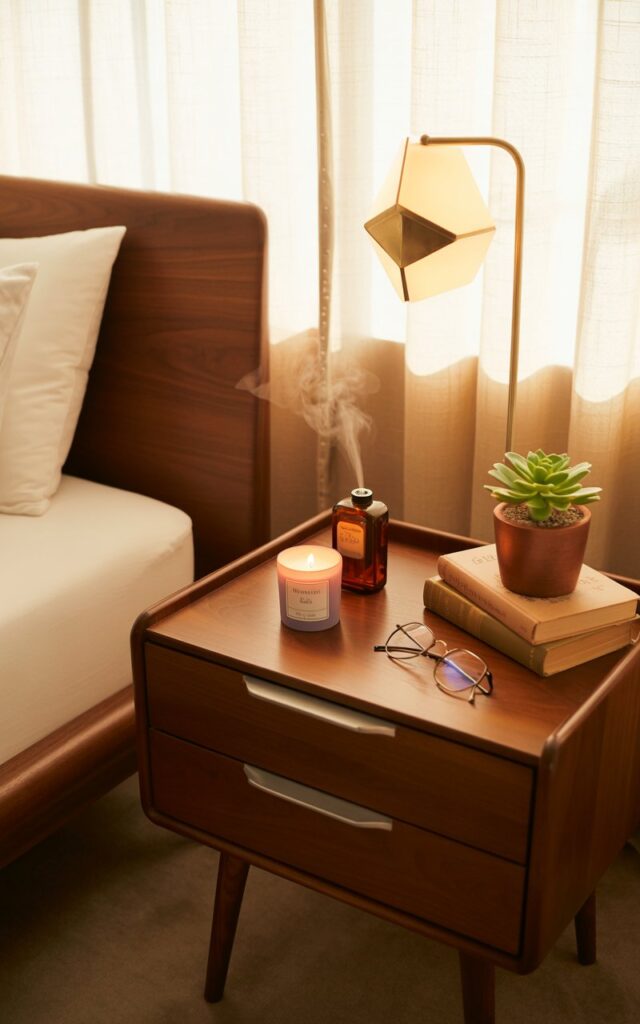 A photograph of a meticulously styled mid-century modern nightstand, positioned beside a sleek, low-profile bed with a walnut finish. A lavender-scented candle sits centered on the nightstand, next to an essential oil diffuser emitting a soft mist, alongside a stack of vintage books, an elegant eyeglass frame, and a small, vibrant succulent in a terracotta pot. The room is bathed in warm, ambient light filtering through sheer linen curtains, casting subtle shadows and highlighting the clean lines of the furniture and creating an inviting atmosphere. A single geometric-patterned lamp with a brass finish casts a soft glow, completing the scene of restful style.