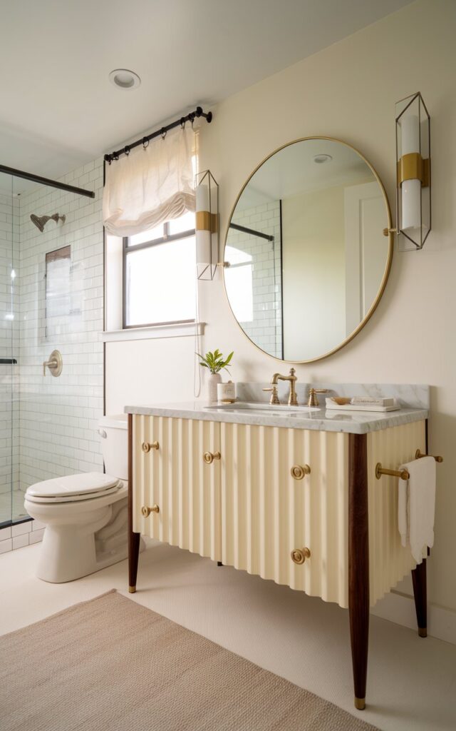 A photo of a mid-century modern full bathroom with a fluted vanity in a creamy, off-white tone as the focal point. The vanity has sleek, dark walnut legs and is topped with a marble countertop for sharp contrast. Brass hardware adds an eye-catching, modern edge. Above, a round mirror with a thin brass frame reflects clean white walls and geometric sconces. The space also has a toilet, shower area, curtained window, LED recessed light, and a floor rug. Natural light is soft.