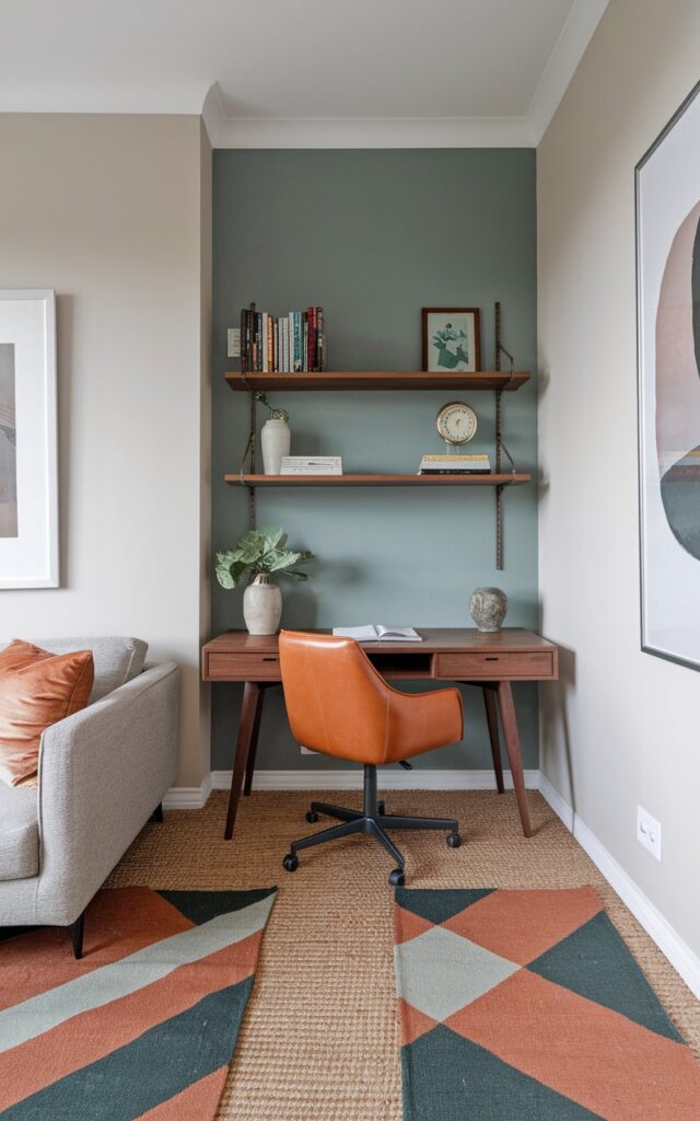 A photo of a mid-century modern home office smartly zoned in a corner of a stylish living room, visually set apart by a geometric rug and jute rug in earthy tones and a feature wall painted a muted teal. The workspace includes a walnut writing desk with sleek, tapered legs and a leather swivel chair in burnt orange. Above the desk, minimalist floating shelves display books, a vintage clock, and a small planter. The surrounding living room features neutral walls, a low-profile sofa, and abstract art, while the distinct rug and wall color clearly define the work zone—making it both functional and aesthetically cohesive.