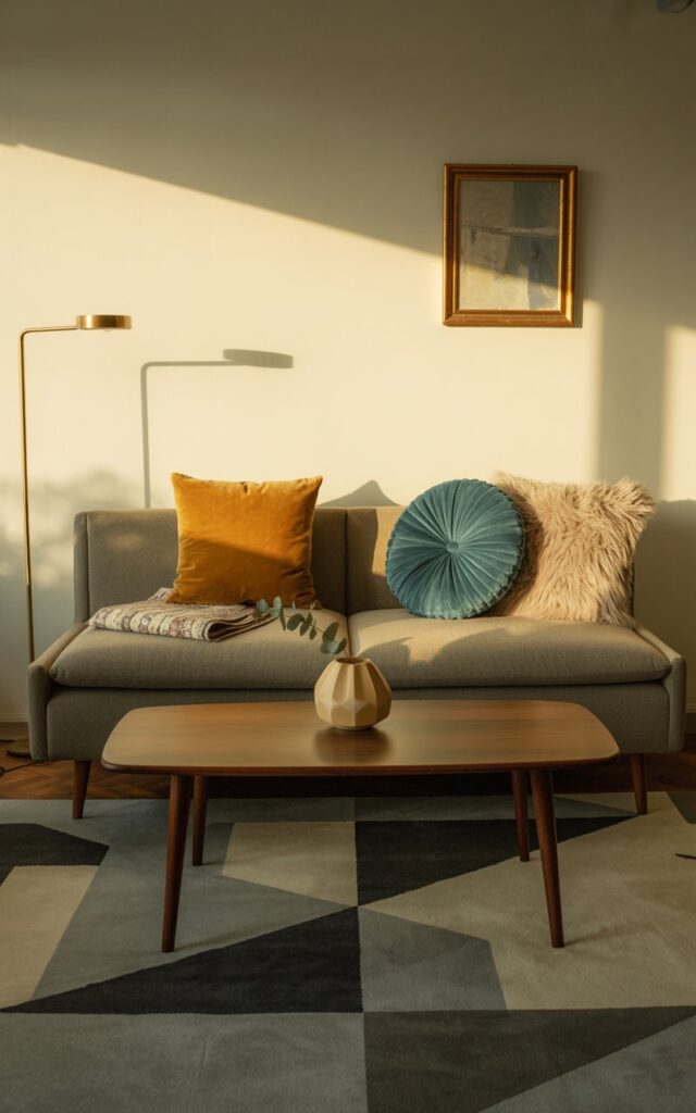 A photograph of a mid-century modern living room, bathed in the warm glow of late afternoon sunlight. The focal point is a low-profile, dove-grey sofa with tapered wooden legs, adorned with three plush throw pillows – one square velvet in mustard yellow, one round linen in teal, and a faux fur pillow in cream – alongside a neatly folded, patterned blanket. A sleek walnut coffee table sits centered before the sofa, displaying a single, geometrically shaped ceramic vase with a sprig of eucalyptus, while a slender brass floor lamp casts a soft light on the wall where a framed abstract painting hangs. The space is anchored by a minimalist geometric rug in shades of grey and charcoal, completing the scene of understated elegance and comfort.