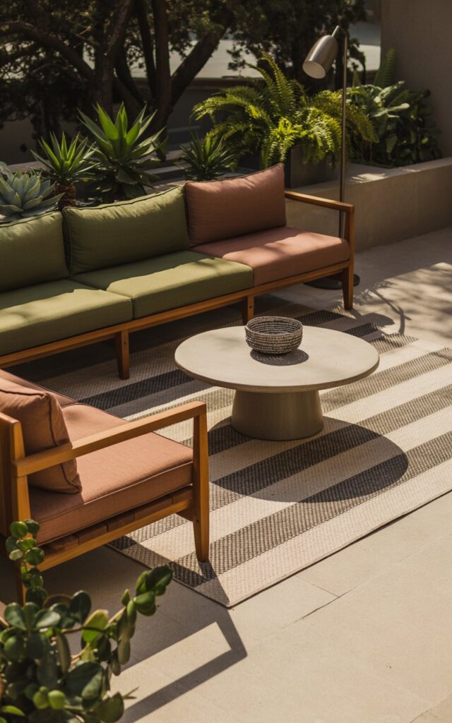 A photograph of a mid-century modern outdoor patio bathed in soft afternoon sunlight. The patio’s centerpiece is a low-profile wooden lounge sofa with clean lines, adorned with plush cushions in muted terracotta and olive tones, facing a simple circular coffee table made of light-colored concrete. A weatherproof rug in a geometric pattern of cream and charcoal gray defines the seating area, while a variety of potted ferns and succulents add a touch of greenery, arranged alongside sleek metal floor lamps. Gentle shadows are cast by the nearby trees, creating a stylish and inviting lounge space with a distinct retro vibe.