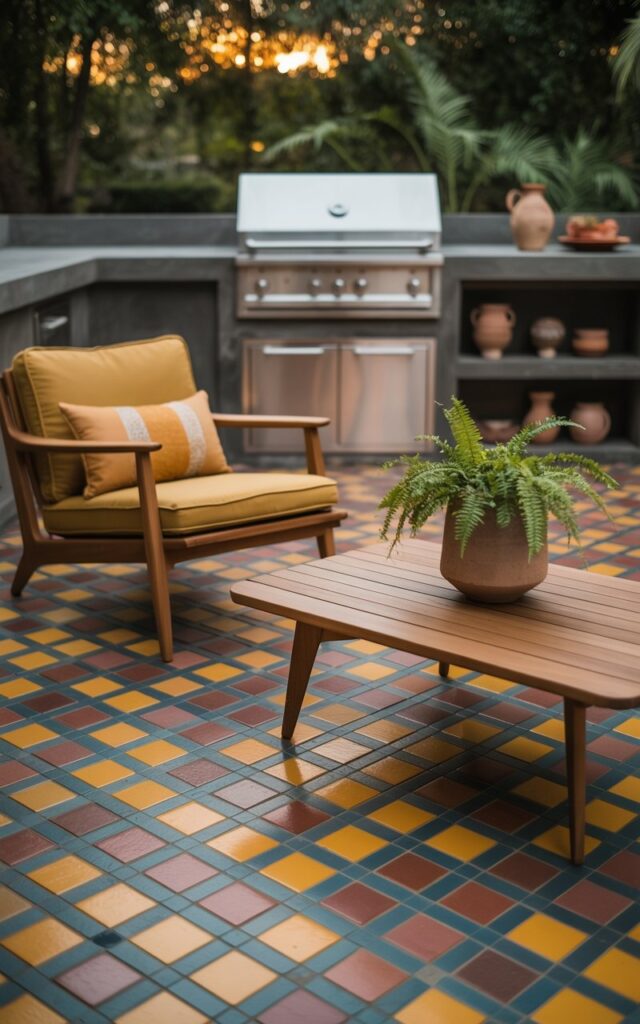 A photograph of a meticulously designed mid-century modern outdoor patio centered around a striking paver floor. The pavers are painted with a vibrant Moroccan-inspired geometric pattern featuring a palette of terracotta, ochre, and deep teal. A low-slung wooden lounge chair with cushions in a muted mustard yellow sits gracefully on the patterned floor next to a minimalist teak coffee table holding a single ceramic pot filled with a cascading fern. In the background, a sleek outdoor cooking area with a stainless steel grill and open shelves stocked with rustic pottery blurs slightly, illuminated by the warm glow of late afternoon sunlight.