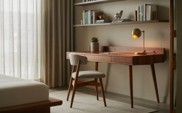 A photograph showcases a meticulously organized mid-century modern home office nestled within a serene bedroom. The focal point is a sleek walnut desk with gently tapered legs and a comfortable, light grey ergonomic chair, arranged to maximize space and functionality. Floating shelves behind the desk display a curated selection of books, a small potted succulent, and a brass desk lamp with a warm amber glow illuminating the workspace. Soft, diffused natural light streams through sheer linen curtains, highlighting the clean lines and inviting atmosphere of the room and the low platform bed partially visible in the background.