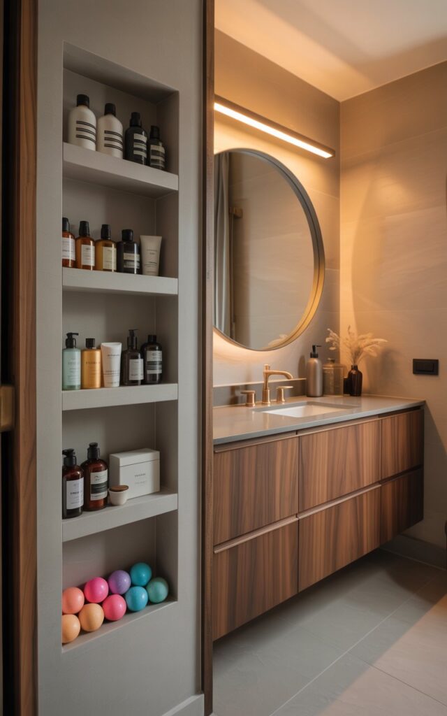 A photograph of a meticulously designed mid-century modern bathroom, focusing on a recessed pocket shelf system beside a sleek vanity. The shelves are filled with neatly arranged bottles of shampoo, various lotions, and a collection of vibrant colorful bath bombs, all contributing to a sense of organized luxury. The vanity itself showcases clean lines and warm walnut wood tones, complemented by a light gray countertop and a circular mirror with brushed gold trim, while soft, diffused lighting highlights the room's calming atmosphere. Warm neutral tones of the walls and flooring create a harmonious backdrop, enhancing the bathroom's modern yet inviting aesthetic.