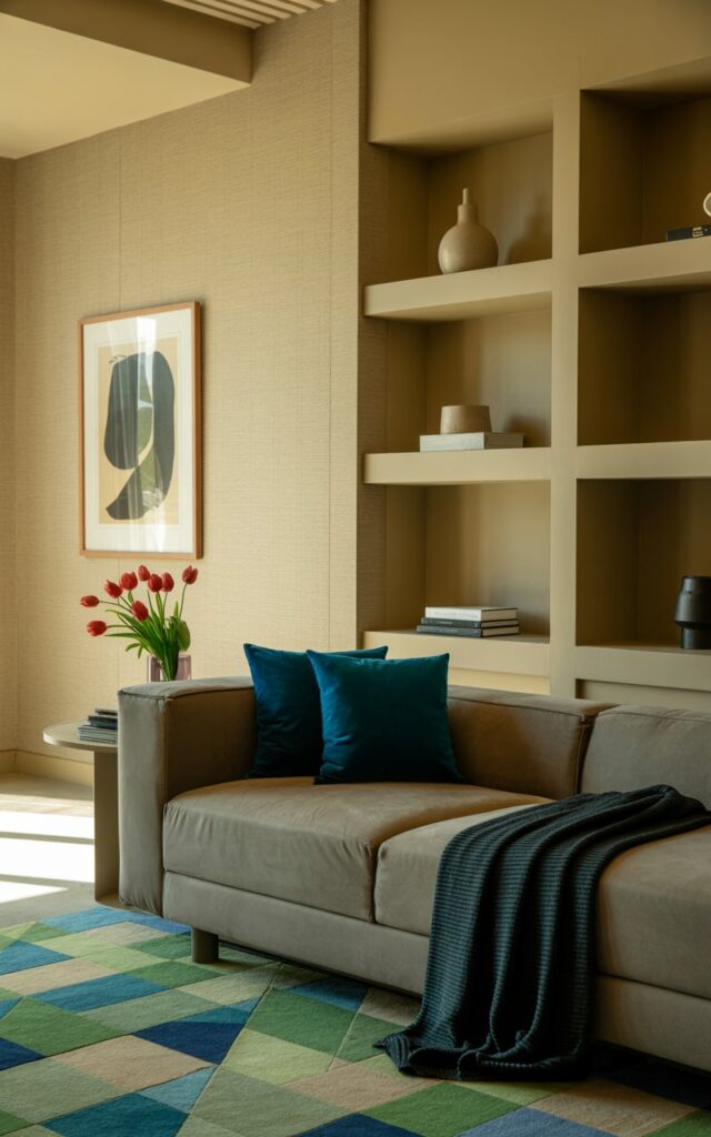 A photograph of a modern art deco living room with a focus on a plush, dove-grey sofa facing a sleek entertainment center. The sofa is adorned with two deep teal throw pillows and a navy blue knit blanket, while a geometric patterned rug in shades of green, blue, and beige anchors the seating area. A small side table beside the sofa holds a vibrant red tulip vase, complementing the framed abstract art hanging on the beige textured accent wall, and soft natural light gently illuminates the room's elegant details. The open shelving displays minimalist ceramics and curated books, contributing to the room's overall sense of understated luxury.