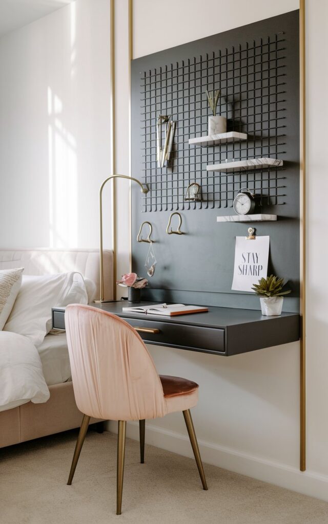 A photo of a minimalistic home office with Art Deco flair, elegantly integrated beside a modern bed. A sleek, matte-black pegboard with a geometric grid design is mounted above a slim, lacquered writing desk. Gold hooks and marble-accented mini shelves hold essential tools, a small clock, and a chic planter. A stylish quote card—“Stay Sharp”—is clipped at eye level. The workspace features a velvet-upholstered chair in soft blush, with brass legs echoing Art Deco glamour. Subtle symmetry, clean lines, and curated accessories bring balance to the space, while a neutral palette and soft lighting preserve a sense of calm and restful flow between work and rest. Natural light is soft.