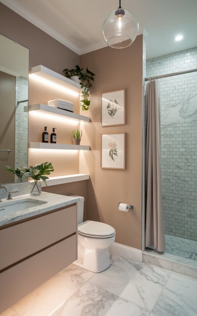 A photo of a minimalistic luxe full bathroom with walls painted in a soft almond shade. The space features a clean line design with a floating vanity and a marble countertop. There is a toilet, a separate shower area with a curtain, and a ceiling glass pendant light. The space also has a few plants, open shelves with LED underlighting, and a wall with 2-3 botanical framed art.