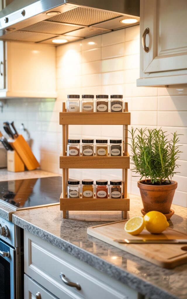 A photograph of a meticulously organized modern Americana kitchen centered around a three-tiered wooden spice rack. The rack sits prominently on a light granite countertop beside a stainless-steel stove, displaying labeled jars that read "salt", "pepper", "oregano", "chili flakes", "cumin", and "paprika", arranged in perfect order. A worn wooden cutting board with a freshly sliced lemon rests nearby, alongside a small terracotta pot with a vibrant rosemary plant, all illuminated by the soft glow of recessed lighting above. The kitchen's warm color palette and clean lines evoke a sense of comfortable functionality and rustic charm.