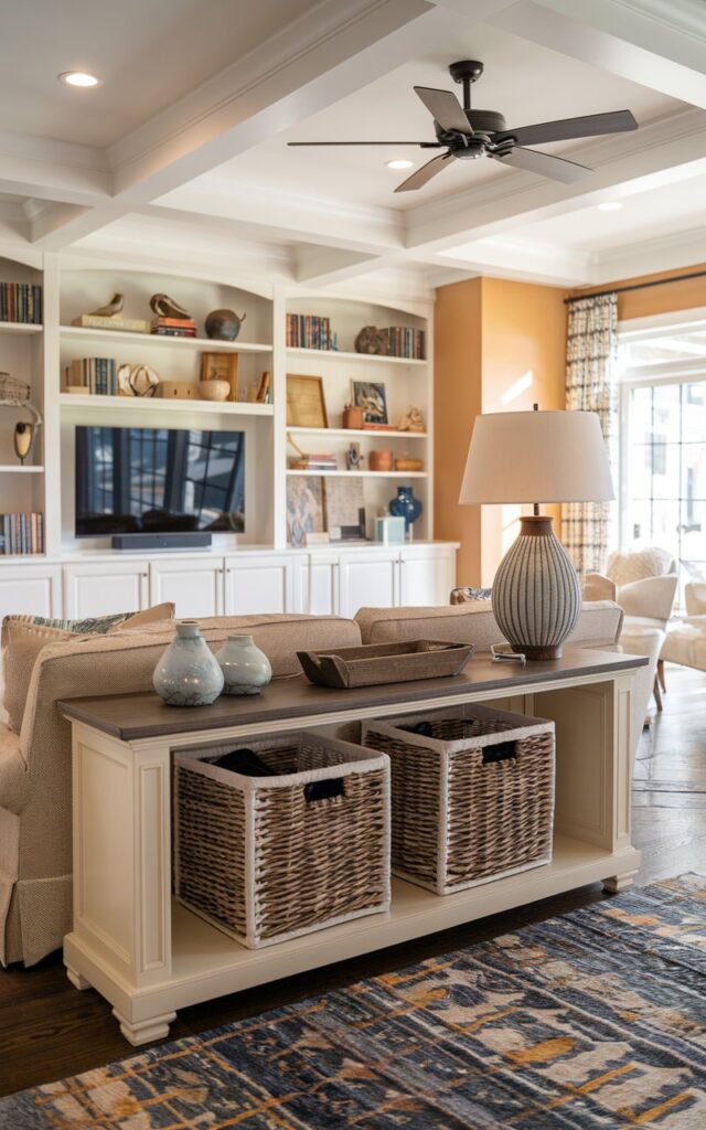 A photo of a modern Americana living room with a TV console featuring two baskets tucked neatly under it for hidden storage. The room contains a comfortable seating area with sofas and chairs, bookshelves filled with décor and books, a patterned rug, and a ceiling fan overhead. The TV console blends functionality with style, while the baskets provide an organized, clutter-free look. Warm lighting, layered textiles, and Americana-inspired accents create a refreshed, cozy, and inviting atmosphere.