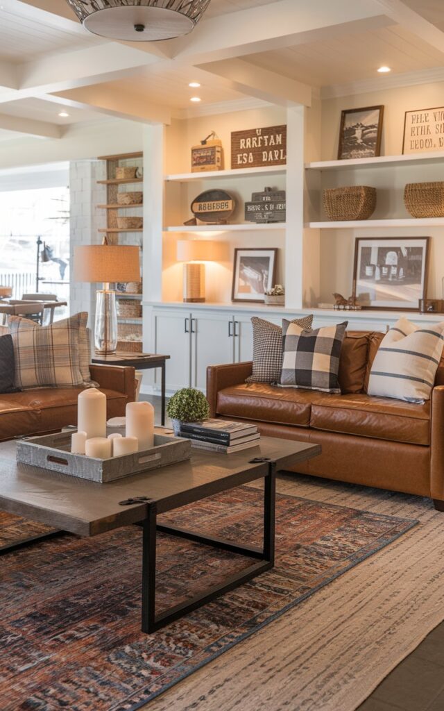 A photo of a modern Americana style living room with a large neutral-toned base rug and a smaller vibrant patterned rug placed on top. The seating area includes a comfortable leather couch adorned with throw pillows in plaid, stripes, and solid colors. A sturdy wooden coffee table holds a decorative tray with candles, a stack of books, and a small potted plant. The room also features a media console, open shelving with Americana-inspired décor like vintage signs, framed photographs, and woven baskets. Warm lighting from table lamps and a statement ceiling fixture adds a cozy glow.