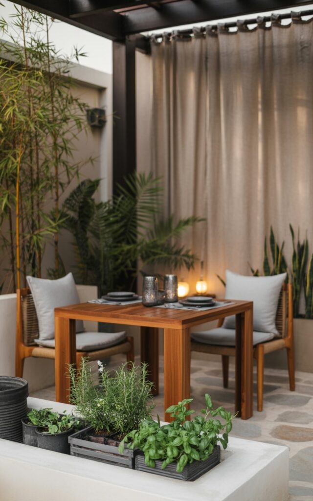 A photograph of a serene outdoor patio blending Balinese and Japandi design elements, focusing on a sleek wooden dining table set for two. The table is crafted from warm-toned teak wood and is surrounded by minimalist woven chairs with light gray cushions; a small raised herb garden sits adjacent, featuring neatly arranged planters with rosemary, basil, and mint. Potted bamboo and tropical ferns are strategically placed around the patio, while soft linen curtains hang from a pergola overhead, illuminated by the gentle glow of subtle lantern lighting creating a tranquil atmosphere. Stone flooring anchors the space, further enhancing the minimalist and inviting outdoor dining environment.