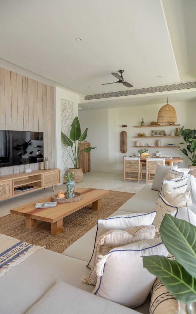 A photo of a modern Balinese and coastal living room. The room has a low-profile sofa and a wooden coffee table. There is a TV console and a bookshelf on the accent wall with natural wood panelling. The space is fully furnished with woven rugs, coastal-inspired textiles, and indoor plants. The room has soft neutral tones and natural materials, creating a refreshed, airy, and tranquil atmosphere that blends Balinese warmth with coastal charm.