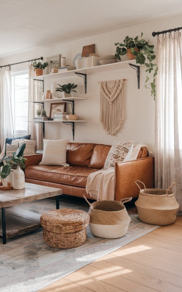 A photo of a modern Boho and cottagecore living room. There is a warm brown leather couch layered with cozy throw blankets and patterned accent pillows. Near the couch, there are 2-3 woven baskets in natural rattan and seagrass for storage and texture. The space has light-toned wood flooring, a soft patterned area rug, open shelving with a mix of books, ceramics, and potted greenery, and airy curtains filtering natural sunlight. Rustic touches like a reclaimed wood coffee table and vintage-style framed wall art blend seamlessly with boho details such as macramé wall hangings, layered textiles, and soft neutral hues, creating a cozy yet stylish atmosphere.