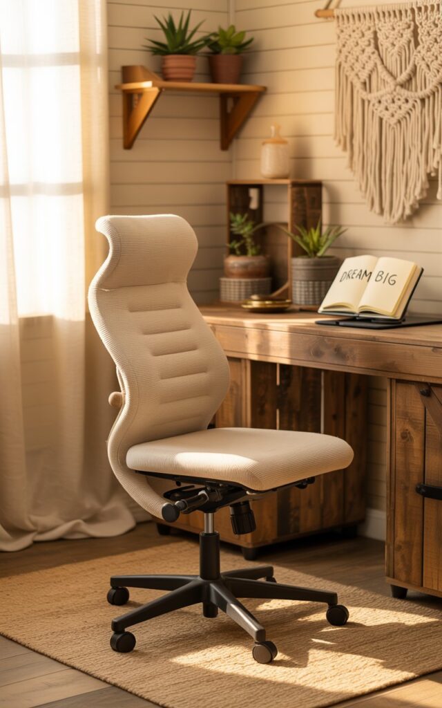 A photograph of a comfortable and inviting home office showcasing an ergonomic chair as the central focus. The chair is upholstered in a textured cream fabric, contoured for support, and positioned before a reclaimed wood desk displaying a single open notebook with the words "Dream Big" written inside. Behind the desk, shiplap walls are adorned with macramé wall hangings and rustic wooden shelves holding potted succulents, all resting on a natural jute rug bathed in the soft glow of natural light streaming through a nearby window. Warm neutral tones and bohemian accents create a cozy and inspiring workspace.