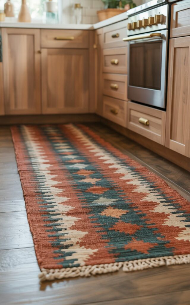 A photograph of a close-up view of a colorful, patterned rug runner laid across warm-toned wooden flooring in a modern Boho style kitchen. The rug features a vibrant mix of terracotta, teal, and cream geometric patterns, its texture visible with a slight fraying along the edges. Light wood cabinets with brushed brass hardware line the background, partially visible and contributing to the kitchen’s warm and inviting atmosphere. Soft, natural light streams in from an unseen window, highlighting the textures and colors of the rug and creating a cozy, effortlessly stylish scene.
