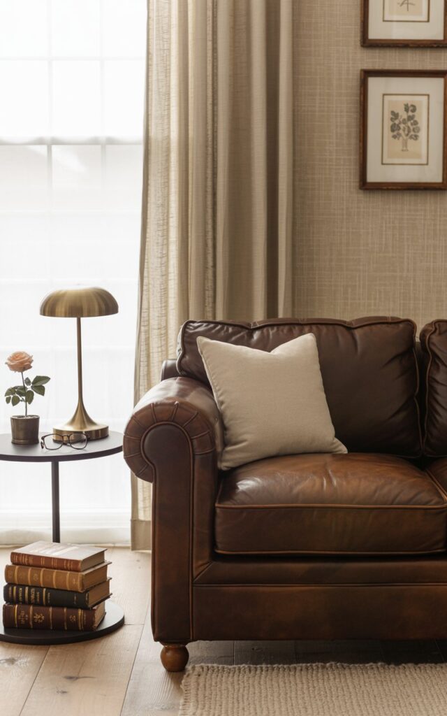 A photograph of a cozy, modern English countryside living room centered around a plush, dark brown arm roll leather couch. The couch sits facing a large window and is complemented by a small, round side table to the left, holding a stack of antique books with gold lettering and spines and a sleek brass table lamp emitting a warm glow. A small potted rose and a pair of reading glasses rest casually on the table, while beige textured walls are adorned with framed botanical prints and a soft, neutral area rug lies beneath the furniture. Natural light filters gently through linen curtains, creating a peaceful and inviting atmosphere.