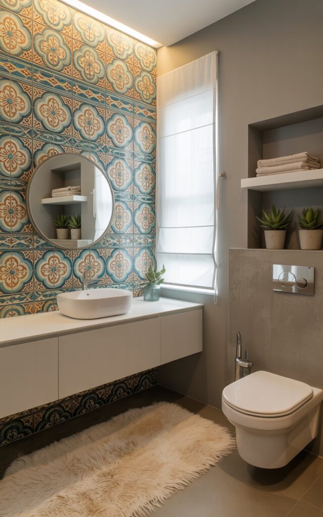 A photograph of a modern European bathroom centered around a striking accent wall adorned with intricate, vibrant Moroccan patterned tiles in shades of turquoise, ochre, and cream. A sleek, white floating vanity sits beneath the tiled wall, complemented by a minimalist chrome faucet and a round mirror; a plush, ivory-colored rug lies before it. Soft, diffused light streams through a nearby window, highlighting the contrast between the patterned wall and the neutral gray walls, while open shelves above the toilet display folded towels and potted succulents. The overall atmosphere is clean, sophisticated, and inviting.