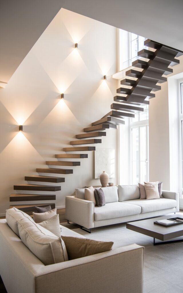 A photo of a modern European-style furnished living room with a striking cantilevered floating staircase. The staircase has sleek wooden treads anchored directly into the wall, creating a minimalist, airy effect. Elegant LED wall sconces cast a soft, warm glow, highlighting each floating step and adding depth to the space. The living room is stylishly furnished with clean-lined sofas, a contemporary coffee table, and subtle decorative accents in neutral tones. Large windows flood the area with natural light, enhancing the staircase’s sculptural presence.