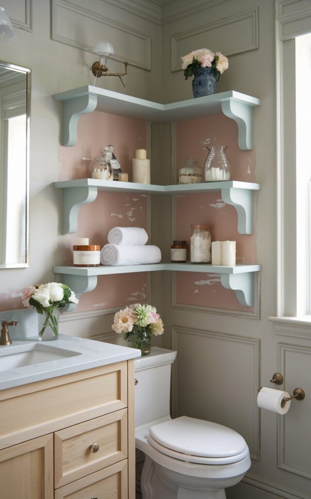 A photo of a modern Gustavian bathroom with a light wood vanity and elegant wall paneling. Above the toilet, there are corner shelves painted in a muted pastel shade with subtle distressing. The shelves hold a mix of decorative items and essentials, including rolled white towels, a small ceramic vase with fresh flowers, scented candles, and glass jars of bath salts. The bathroom has a neutral color palette and soft natural light.