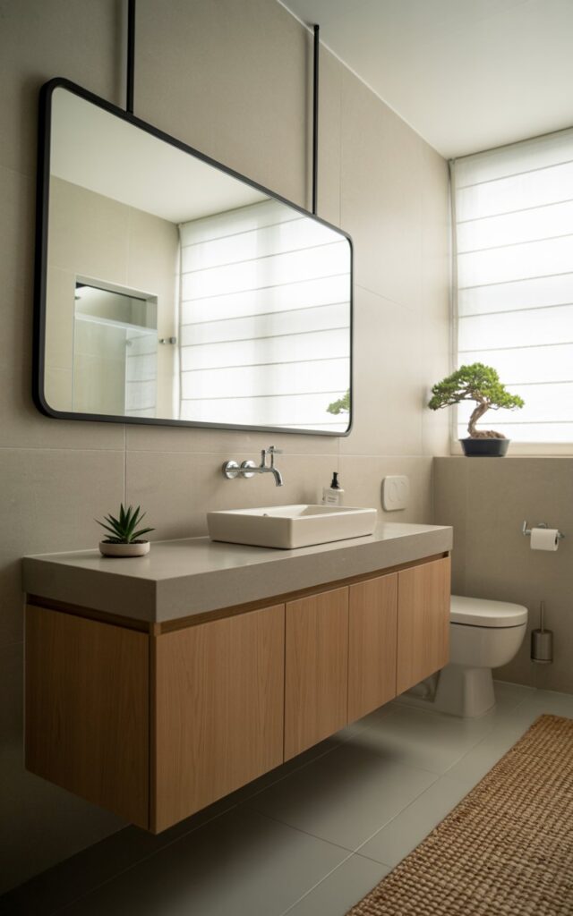A photograph of a serene Japandi-style bathroom, centered around a large, rectangular, frameless mirror suspended above a minimalist floating vanity. The vanity is crafted from light-toned wood and topped with a matte white countertop, holding a porcelain sink and chrome fixtures, while a small succulent sits atop. Soft, diffused light streams in from a window, reflecting off the mirror and illuminating the pale gray tile floor, a woven jute rug, and a single, leafy bonsai tree placed on an open shelf above a modern white toilet. The overall scene exudes a sense of calm and organized luxury.