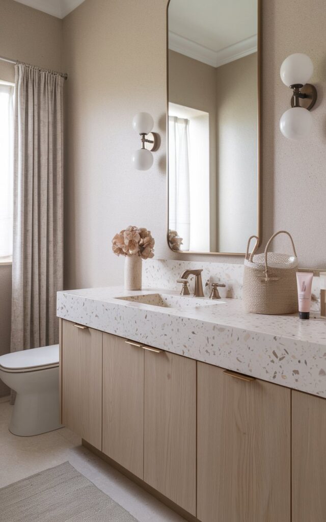 A photo of a modern Japandi bathroom with transitional touches. The bathroom has a sleek vanity with a beige terrazzo countertop, featuring soft, speckled fragments in stone, clay, and ivory. The vanity is framed by smooth wood cabinetry in a light ash or oak finish and pairs with brushed nickel hardware for a subtle transitional twist. The countertop contains skincare and haircare items neatly arranged in a beige woven basket, a flower vase, and a decor piece. Soft lighting from wall scones, neutral plaster walls, and a simple rectangular mirror with rounded corners complete the space. The bathroom also has a toilet, a curtained window, and a floor rug. The focus is on the countertop.