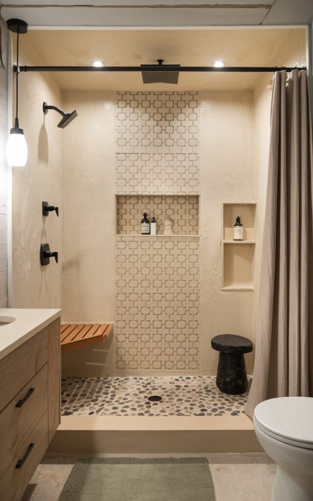 A photo of a modern Japandi-style bathroom with a traditional twist. The shower area has cream-toned peel-and-stick tiles with a bold geometric design as a backsplash. The tiles blend seamlessly with smooth beige plaster walls, adding a soft, handcrafted feel without overpowering the serene aesthetic. A teak shower bench and black matte fixtures introduce modern contrast, while a soft linen shower curtain and a ceramic stool nod to traditional Japanese minimalism. The shower area has pebble flooring, a rainfall showerhead, recessed shelves, and a ceiling with LED lights. Outside the shower area, there is a vanity, pendant lights, a toilet, and a floor rug. The room has no natural light, and the focus is on the shower wall tile.