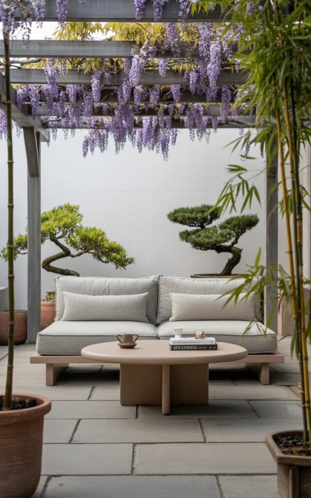 A photograph of a modern Japandi-style outdoor patio lounge featuring a minimalist wooden pergola draped with vibrant climbing wisteria. A low-profile, light-gray sectional sofa with linen cushions sits centered beneath the pergola, complemented by a simple, round wooden coffee table holding a single ceramic tea cup and a stack of books titled "Zen Gardens". Smooth, gray stone flooring extends throughout the patio, accented by strategically placed terracotta pots containing bonsai trees and bamboo stalks that frame the lounge area. Soft, diffused sunlight filters gently through the wisteria, casting a serene glow over the tranquil and harmonious scene.