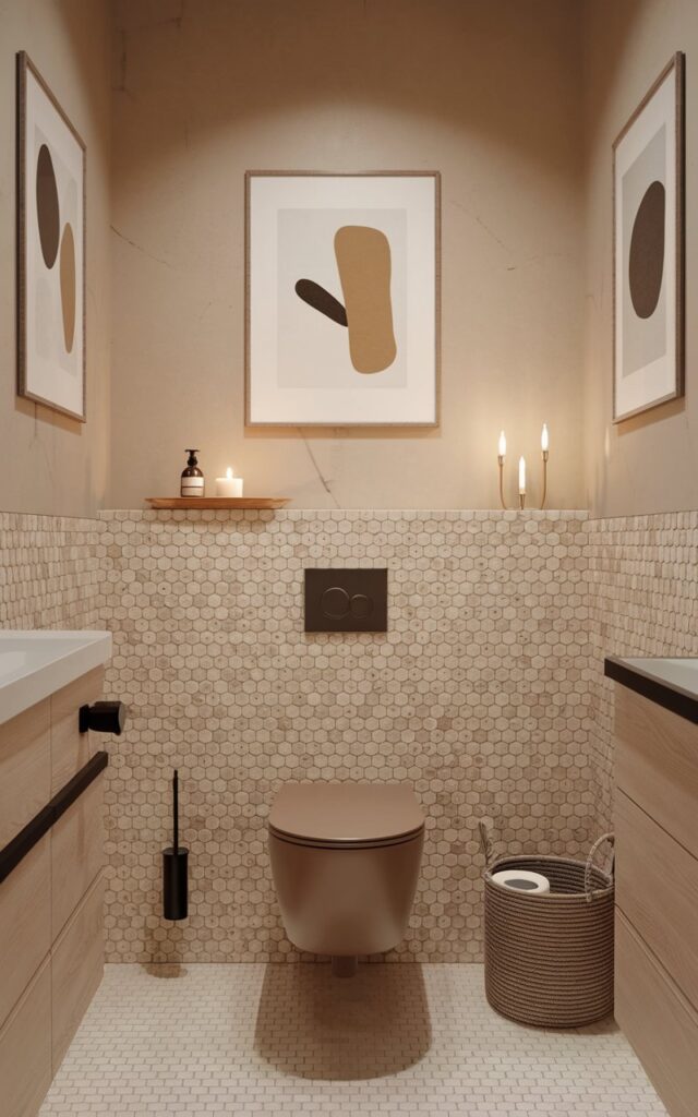 A photo of a modern Scandinavian bathroom with a sleek, minimalist design. The room features a soft-close toilet seat in a warm neutral tone like taupe, set against a textured beige hexagonal tiled wall. There is light oak cabinetry and matte black accents. The walls have framed abstract art. A woven basket sits nearby, holding extra rolls, while a simple ceramic tray rests on the tank with a candle and linen spray. The overall vibe is calm, functional, and effortlessly stylish, with every detail thoughtfully chosen for comfort and quiet design harmony. The lighting is golden hour.