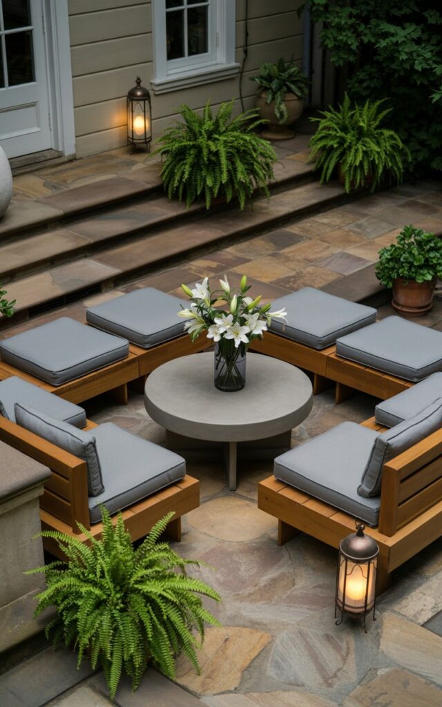 A photograph showcases a modern Scandinavian-style patio seamlessly integrated with a traditional home exterior. The central focus is a modular seating arrangement composed of low, rectangular wooden blocks upholstered with soft gray cushions, surrounding a round concrete coffee table holding a vase of white lilies. The patio flooring is constructed of warm-toned flagstone, interspersed with terracotta planters overflowing with vibrant green ferns, while classic wrought-iron lanterns cast a gentle glow as the sun begins to set. Soft, diffused natural light emphasizes the clean lines, natural textures, and harmonious blend of the outdoor space.