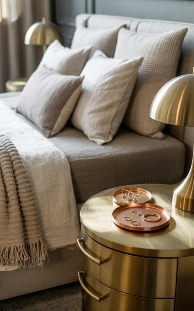A photograph of a neatly made queen-sized bed in a modern bedroom styled with a blend of farmhouse and cottagecore aesthetics. The bed is draped with layered linen bedding in soft cream and gray tones, accented by a plush knit throw blanket, and topped with several decorative pillows. A brushed brass side table stands beside the bed, featuring a sleek gold lamp casting a warm glow, and copper trays holding a collection of delicate earrings and rings; the brass drawer handles gleam softly. The background reveals a muted grey wall, a glimpse of a sheer curtain, and soft, diffused lighting that highlights the metallic accents and creates a calm, inviting ambiance.
