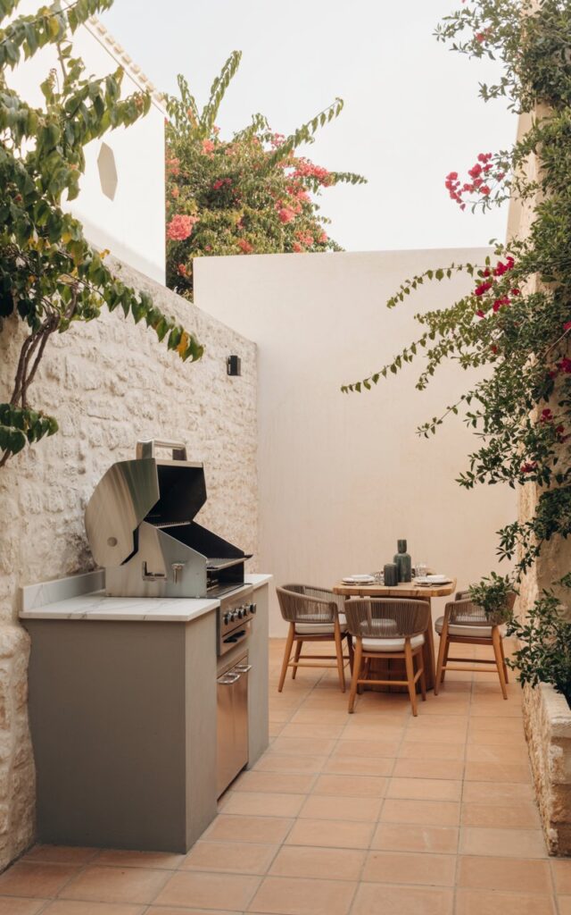 A photograph of a modern chic Mediterranean outdoor patio centered around a compact outdoor kitchen. The kitchen features a sleek, gray prep counter topped with white marble, and a brushed stainless steel portable grill positioned to the side, all set against whitewashed stone walls. Warm terracotta flooring and elegant wood accents complement the design, with climbing bougainvillea vines cascading down the walls and a small dining nook with woven chairs surrounding a rustic wooden table. Soft, diffused sunlight bathes the patio in a warm glow, enhancing the coastal Mediterranean charm.