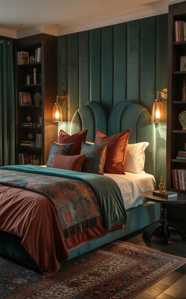 A photograph of a luxuriously styled bedroom with a king-sized bed as the central focus. The bed is draped in layers of velvet and silk bedding in deep jewel tones, accented by an assortment of patterned pillows; the headboard is a curved, upholstered design in a rich emerald green. Wall-mounted brass sconces with amber glass shades flank the bed, casting a warm, inviting glow on the plush, oversized armchair and the carefully curated collection of books and art displayed on the built-in shelves, and a thick Persian rug grounds the space. The room is bathed in the soft glow of the sconces, creating a tranquil and intimate atmosphere.