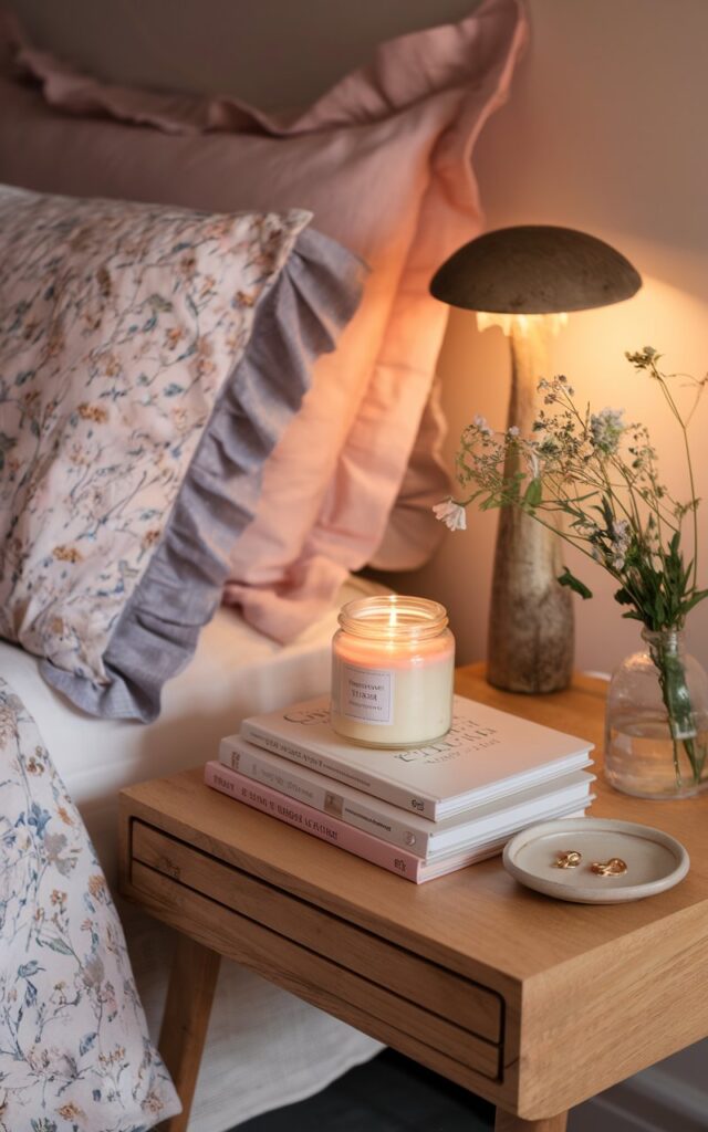 A photo of a modern cottagecore bedroom with a wooden nightstand placed thoughtfully beside a cozy bed dressed in soft floral bedding and ruffled linen pillows. The nightstand holds a small stack of well-loved hardcover books, a soy candle in a vintage-inspired glass jar, and a delicate ceramic dish holding a few dainty gold earrings. A tiny vase with freshly picked wildflowers adds a natural touch. The space is lit with warm, ambient light from a mushroom-style lamp. The overall vibe is dreamy, slow-living, and gently whimsical, blending modern function and romantic cottage charm.