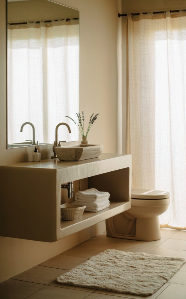A photograph of a modern full bathroom featuring a sleek, wall-mounted vanity as the central focus. The vanity boasts a minimalist design with a smooth, matte white finish, integrated storage compartments, and a single, brushed nickel faucet dispensing water into a stone basin. Neatly folded white towels and a small ceramic vase with sprigs of lavender are displayed on the open shelves, while a plush, cream-colored rug warms the tiled floor beneath a large, frameless mirror that reflects the soft natural light streaming through a linen-curtained window. A simple, elongated toilet sits discreetly in the corner, subtly blending rustic and modern elements within the airy, uncluttered space.