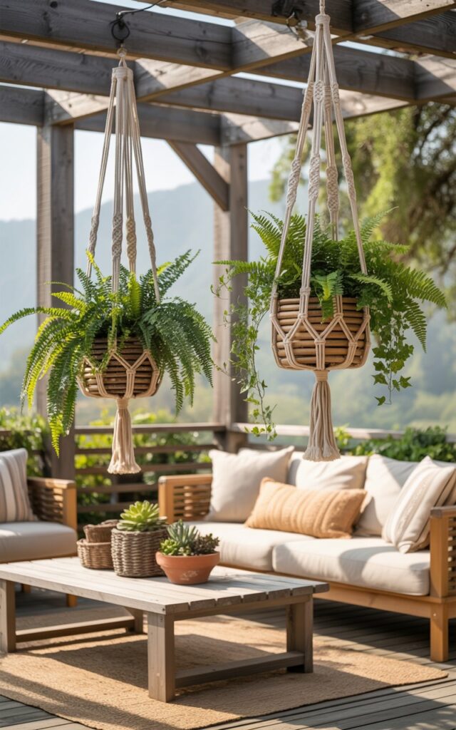 A photograph showcasing a modern farmhouse outdoor patio centered around two intricately woven macramé plant holders overflowing with vibrant ferns and trailing ivy. The plant holders are suspended from exposed rustic wood beams above a comfortable wooden lounge sofa adorned with cream-colored cushions and a textured jute rug. A low, weathered coffee table sits before the sofa, complemented by a collection of woven baskets and terracotta pots filled with succulents, enhancing the bohemian aesthetic. Soft, diffused sunlight filters through the surrounding trees, casting a warm, inviting glow across the relaxed and stylish outdoor space.