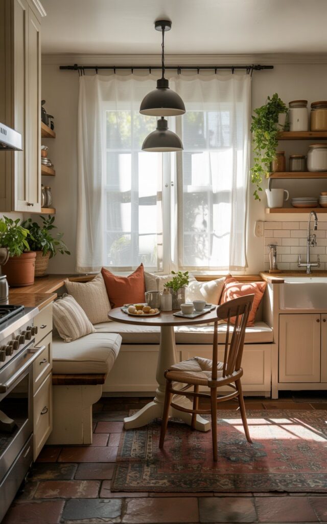A photograph of a bright, airy modern farmhouse kitchen featuring a cozy breakfast nook bathed in soft morning light. The nook centers around a built-in bench seat upholstered in cream linen, adorned with a collection of throw pillows in muted earth tones, and a small round wooden table set for "breakfast". A farmhouse sink and stainless steel appliances sit against a backdrop of open shelving displaying ceramic jars and potted herbs, while a patterned rug adds warmth beneath the table and a curtained window softly filters the outside world. Pendant lights hang above the table casting a gentle glow on the scene, creating a warm and inviting atmosphere.