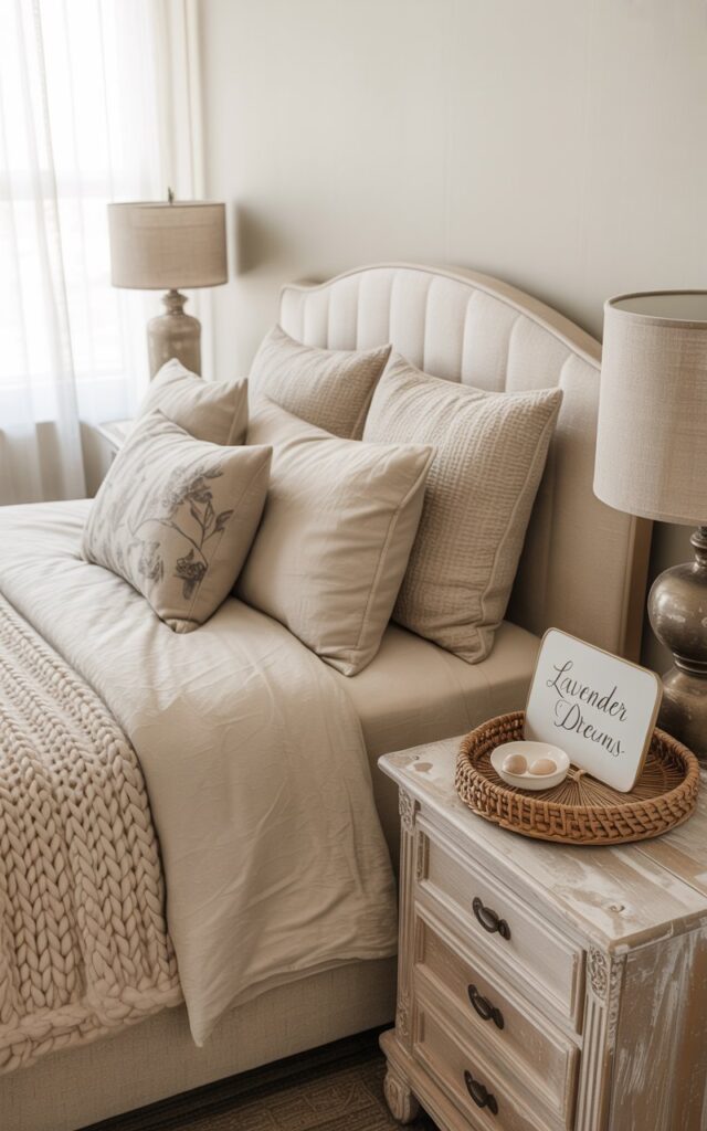 A photograph of a serene bedroom embodying a modern farmhouse and cottagecore aesthetic, centered around a plush queen-sized bed. The bed is dressed in layers of cream-colored linen sheets, a chunky knit throw blanket, and several textured pillows adorned with subtle floral patterns. A weathered wooden nightstand on one side holds a vintage lamp with a fabric shade, while the other features a small dish with "Lavender Dreams" inscribed in elegant script, sitting on a woven rattan tray. Soft morning light streams through sheer white curtains, illuminating the decluttered surfaces and highlighting the room’s cozy, organized ambiance and muted color palette.