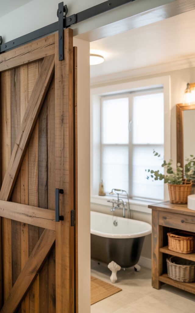 A photograph of a modern farmhouse bathroom with a focus on the sliding barn door entrance. The reclaimed wood door is textured with visible grain and features sleek black metal hardware, partially open to reveal the bathroom interior. Inside, a clawfoot tub sits before a large window, bathing the space in soft natural light, alongside a rustic wooden vanity adorned with woven baskets and sprigs of eucalyptus. The bathroom walls are painted a warm cream color, enhancing the blend of farmhouse charm and contemporary design.