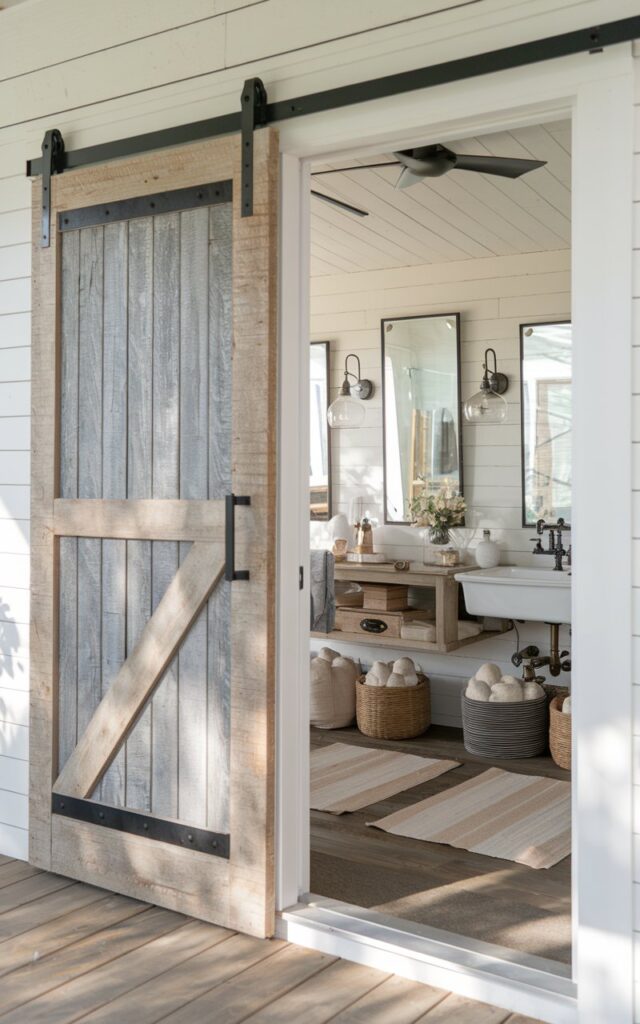 A modern farmhouse fully furnished bathroom viewed from outside, featuring a sliding door as the entrance. The door is made of reclaimed wood with black metal hardware, complementing the white shiplap walls and rustic wooden vanity inside. Through the slightly open door, you can see a farmhouse sink, vintage brass fixtures, woven baskets, and soft neutral rugs on the weathered wood floor. Natural light filters in, creating a warm, inviting, and stylishly functional farmhouse vibe.