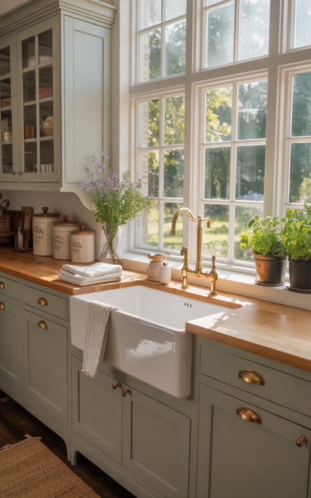 A photograph of a bright and airy modern farmhouse kitchen centered around a large white farmhouse sink with a gleaming brass faucet. The sink rests beneath an expansive window overlooking a lush garden, with a stack of clean white towels neatly folded beside it. Shaker-style cabinets in a soft gray hue line the walls, accented by wooden countertops displaying a collection of vintage ceramic canisters and a vase of fresh wildflowers. Warm, diffused sunlight streams through the window illuminating the space and highlighting the cozy rug and potted herbs on the windowsill.