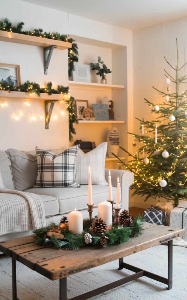 A photo of a modern farmhouse living room styled with seasonal Christmas décor to keep the space feeling fresh. A cozy sofa with plaid cushions and knitted throws faces a rustic wooden coffee table decorated with candles, pinecones, and greenery. A Christmas tree with simple ornaments stands in one corner, while garlands and twinkling lights accent shelves and the mantel. Warm ambient lighting and natural textures create a refreshed, festive, and inviting farmhouse atmosphere.