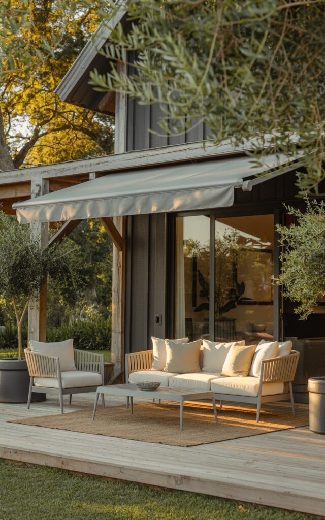 A photograph showcases a modern farmhouse patio built on a leveled platform, offering a tranquil outdoor living space. A teak sofa set with plush, cream-colored cushions sits alongside sleek aluminum chairs and a low-slung table, all sheltered by a light gray retractable awning. Rustic wooden beams and potted olive trees frame the scene, while a textured jute rug anchors the seating area, bathed in the warm glow of late afternoon sunlight filtering through the leaves. The overall composition creates an inviting, stylish and functional outdoor retreat.