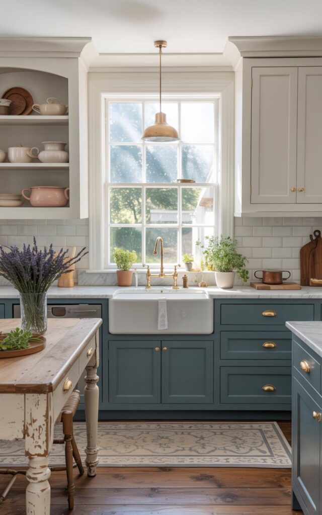 A photograph of a bright and airy modern countryside kitchen centered around a pristine white farmhouse sink. Below the window above the sink, two-tone cabinetry creates visual contrast; the lower cabinets are painted a deep teal while the upper cabinets remain a soft white, accentuated by brushed gold hardware. Marble countertops provide a luxurious touch while a patterned rug in cream and grey sits beneath a distressed wood breakfast bar, adding warmth and texture alongside a vase of fresh lavender. Soft, natural light streams through the window, illuminating the open shelving displaying ceramic cookware and creating a cozy, inviting atmosphere.