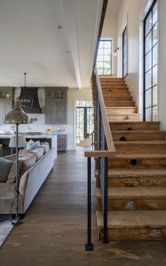 A photo of a modern luxe farmhouse-style house. The living room has a plush sofa and an industrial-style lamp. The kitchen has sleek cabinetry and marble countertops. The staircase is made of rich reclaimed wood with natural knots and weathered textures. The railing is a combination of matte black metal and wooden handrails. The overall space is elegantly furnished and has large windows that let in soft natural light.